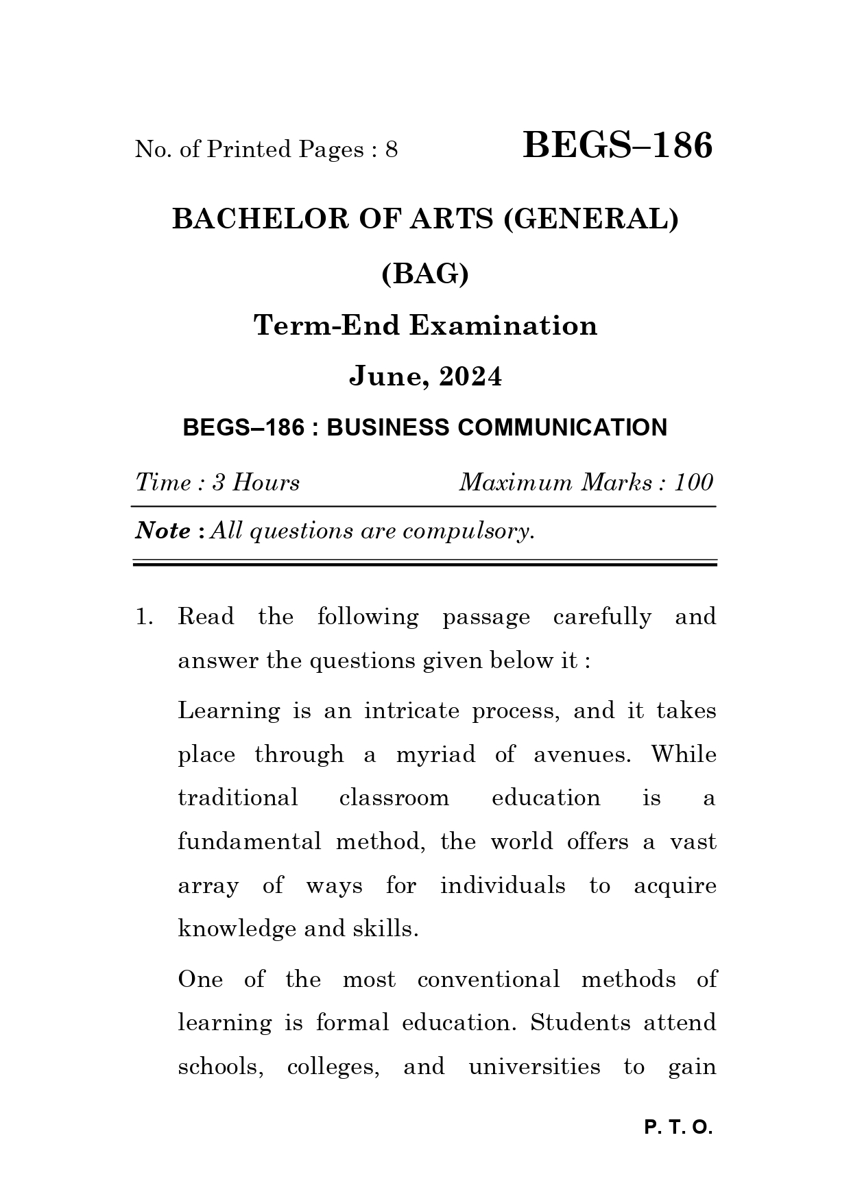 IGNOU BEGS 186 Solved Previous Year Question Paper – June 2024 (English Medium) – Download PDF