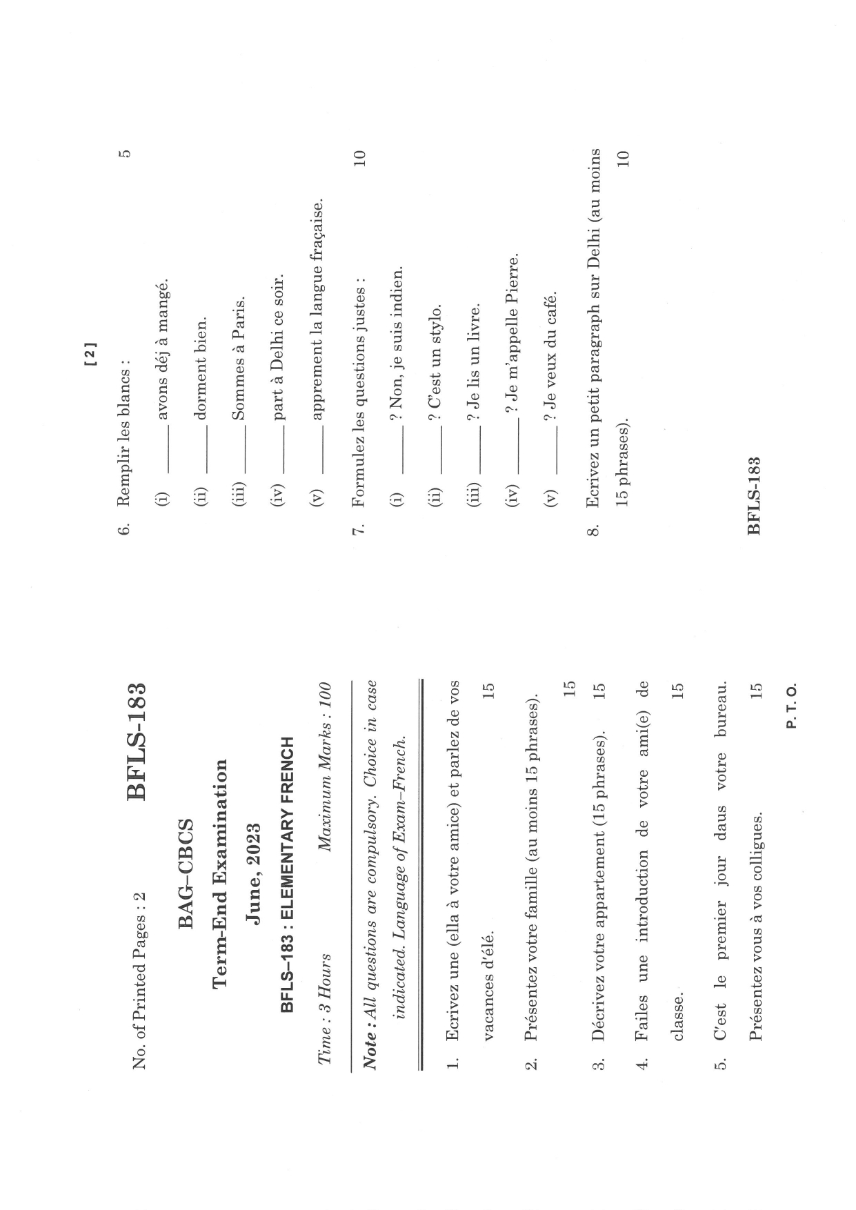 IGNOU BFLS 183 Solved Previous Year Question Paper –JUNE 2023 (FRENCH Medium) – Download PDF