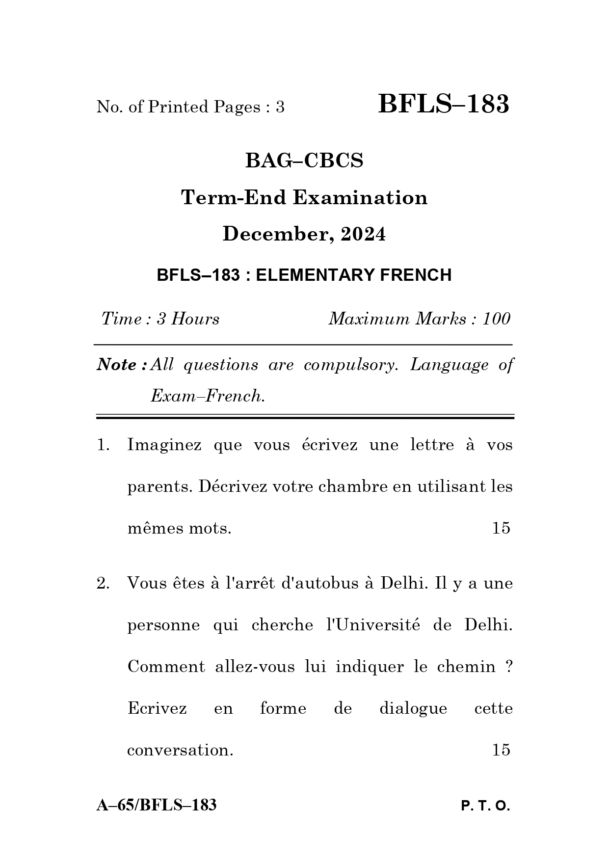 IGNOU BFLS 183 Solved Previous Year Question Paper –DECEMBER 2024 (FRENCH Medium) – Download PDF